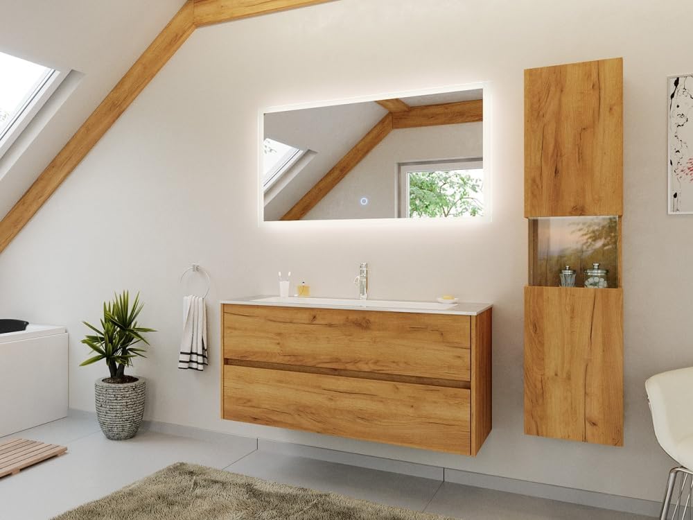 Magnolia Home Badmöbel Set Taifun 3tlg. 120 cm mit LED Spiegel & Hochschrank Farbe Eiche Gold