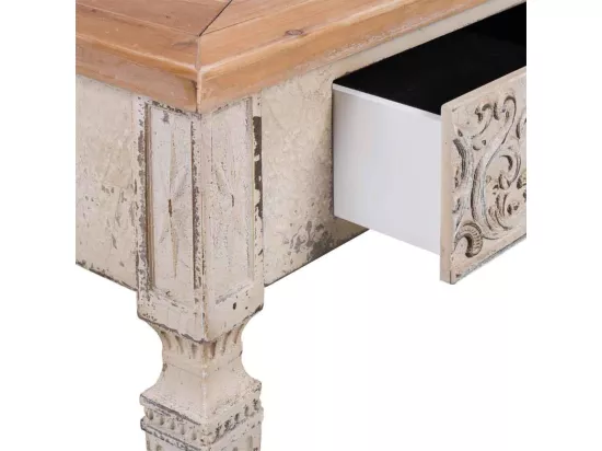 Console en bois blanc vieilli et naturel avec 2 tiroirs 120x40x78h cm