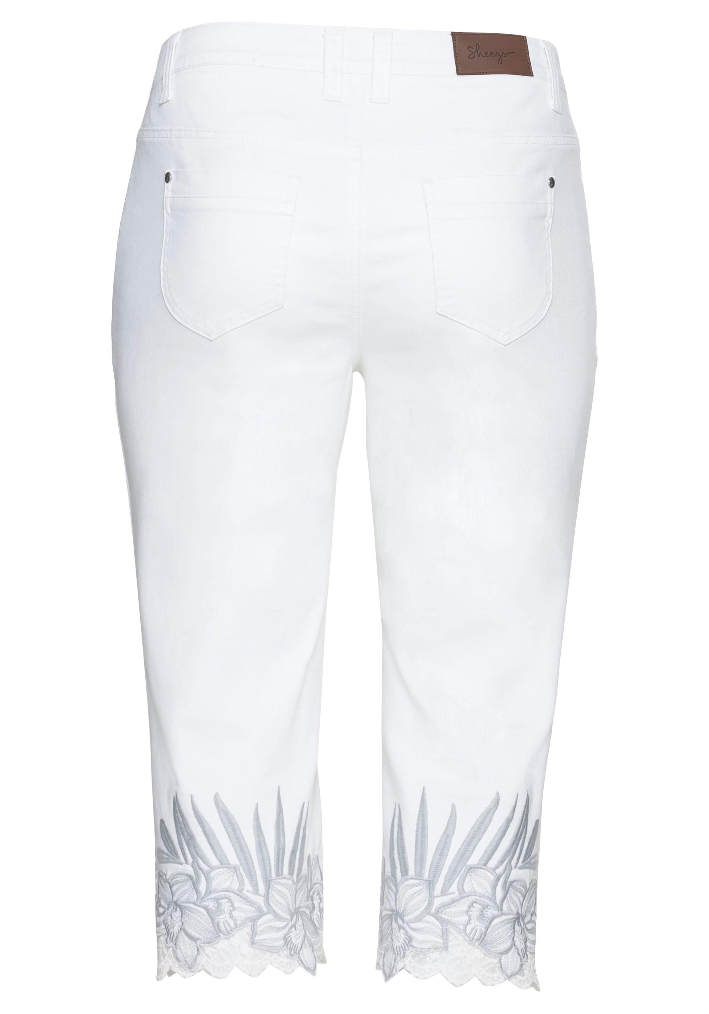 3/4-Jeans mit Stickerei und Spitze am Saum
