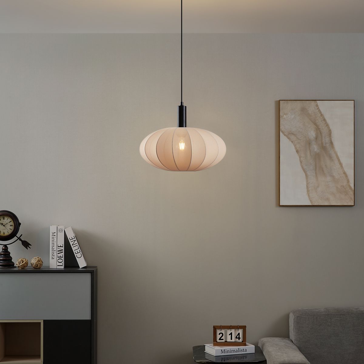 Japandi hanglamp zwart met bruine stoffen kap - Bida