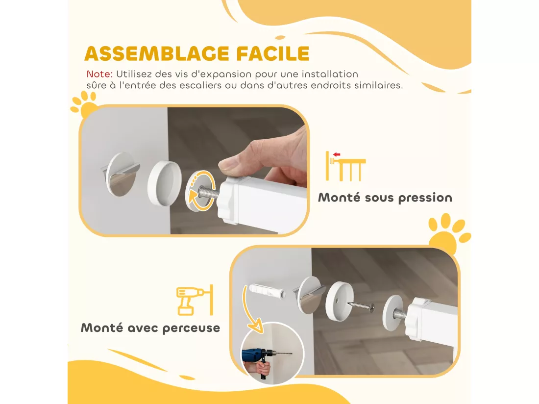 Barrière de sécurité pour chien - barrière à pression ajustable - 2 portes verrouillables - acier blanc
