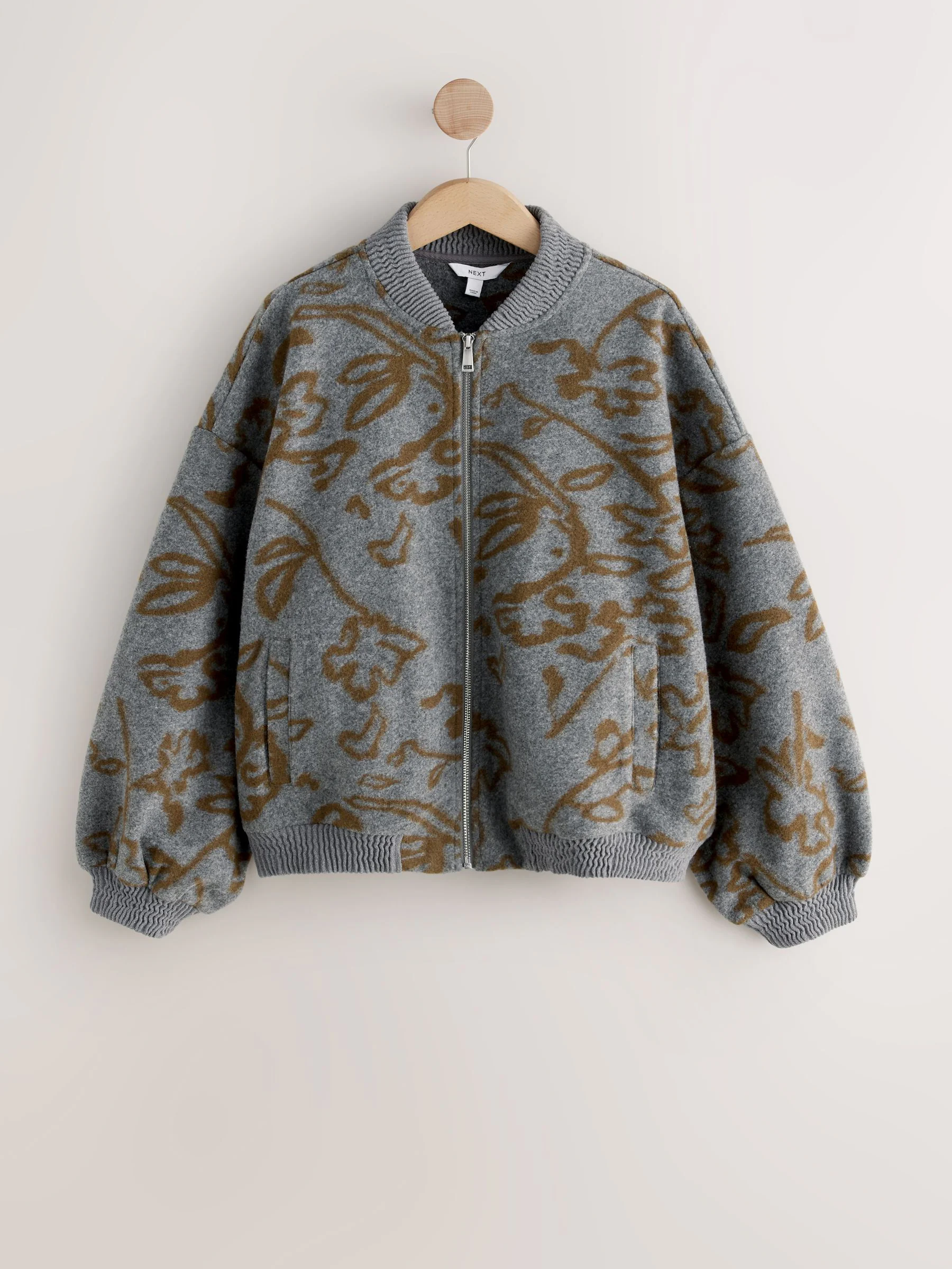 Grijs/kaki gebloemd - Geribd detail geborsteld bomber Jack