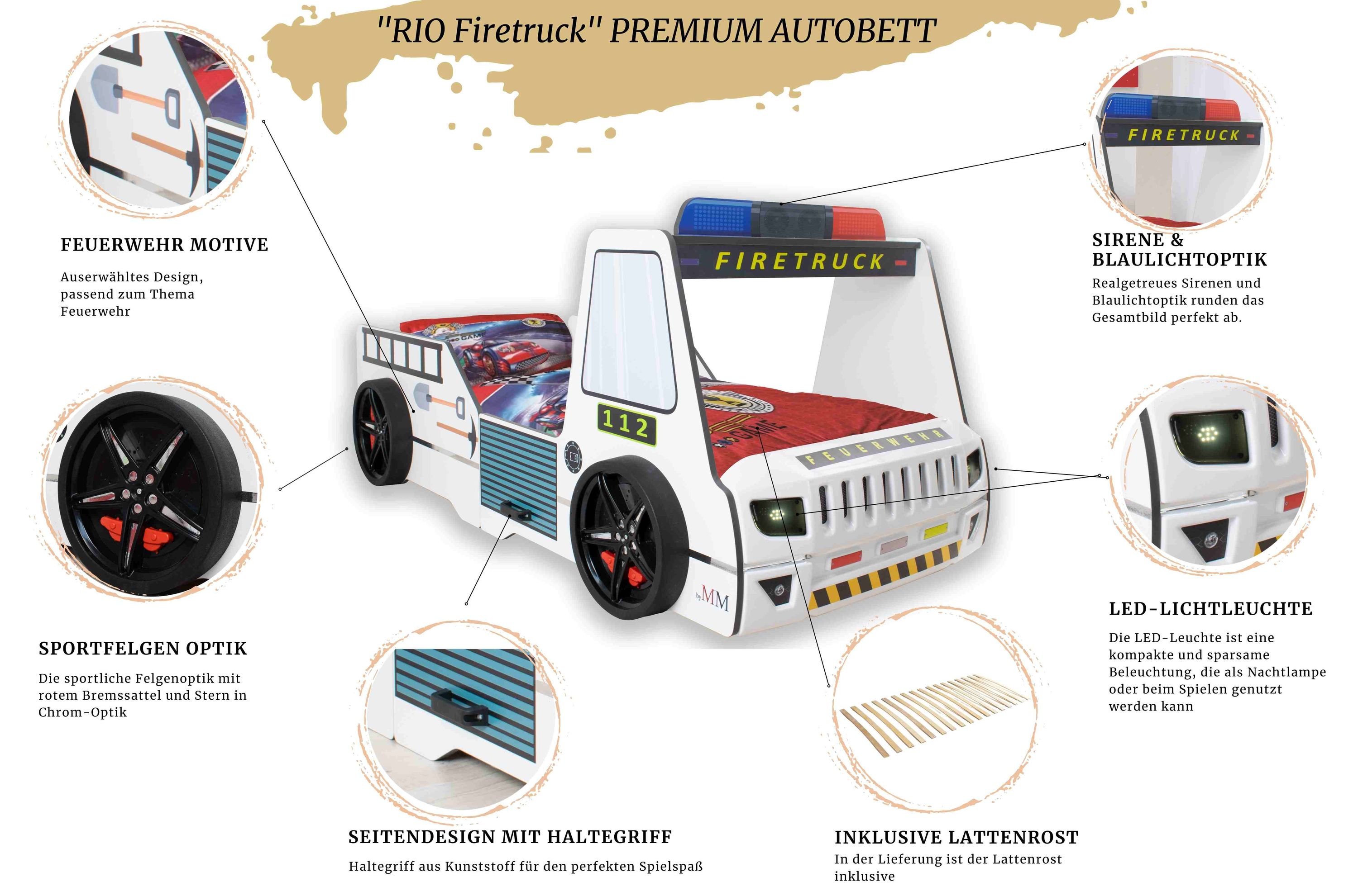 Autobett Kinder 90x200 cm Feuerwehrbett 