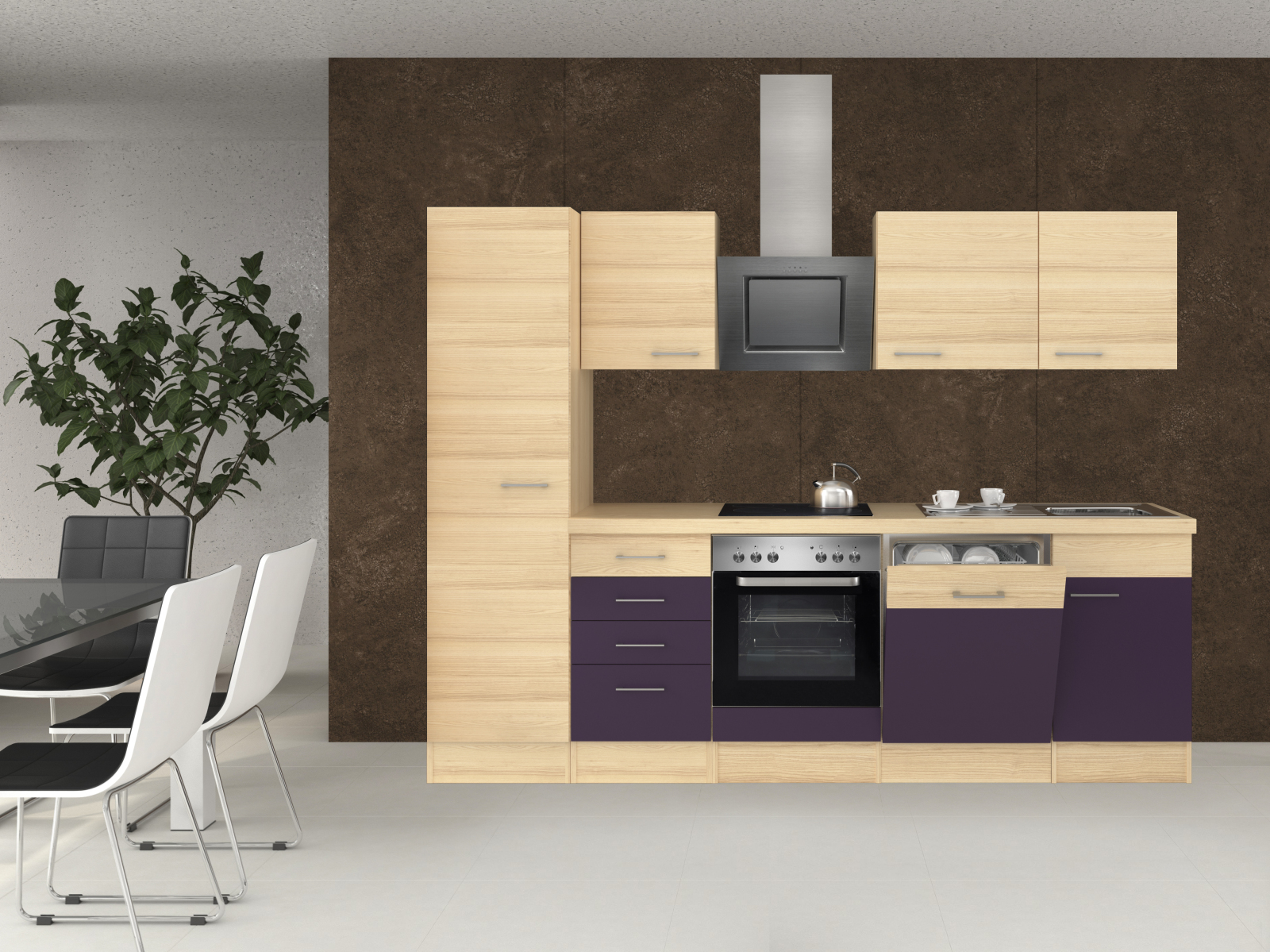 Küchenblock FOCUS - Akazie-Aubergine - mit E-Geräten - 270 cm