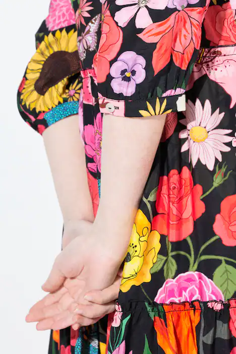 Maxikleid, Blüten, Stehkragen, 3/4-Arm, Volants, grasgrün