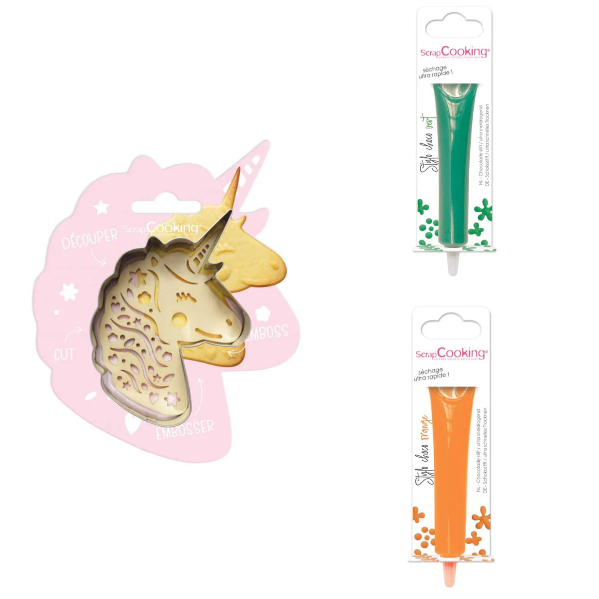Kit pour biscuit en relief Licorne + 2 Stylos au chocolat vert et oran