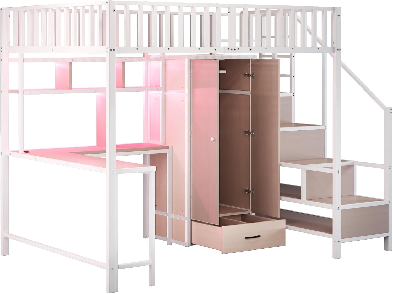 Merax Metall Hochbett 140x200 cm, mit Schreibtisch, Regal, Kleiderschrank und Schubladen, Hochbett mit LED Beleuchtung, Steckdose, USB Typ C, weiß (ohne Matratze)