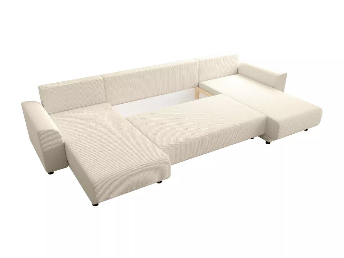 Canapé d'angle panoramique convertible en velours côtelé beige NESSARO