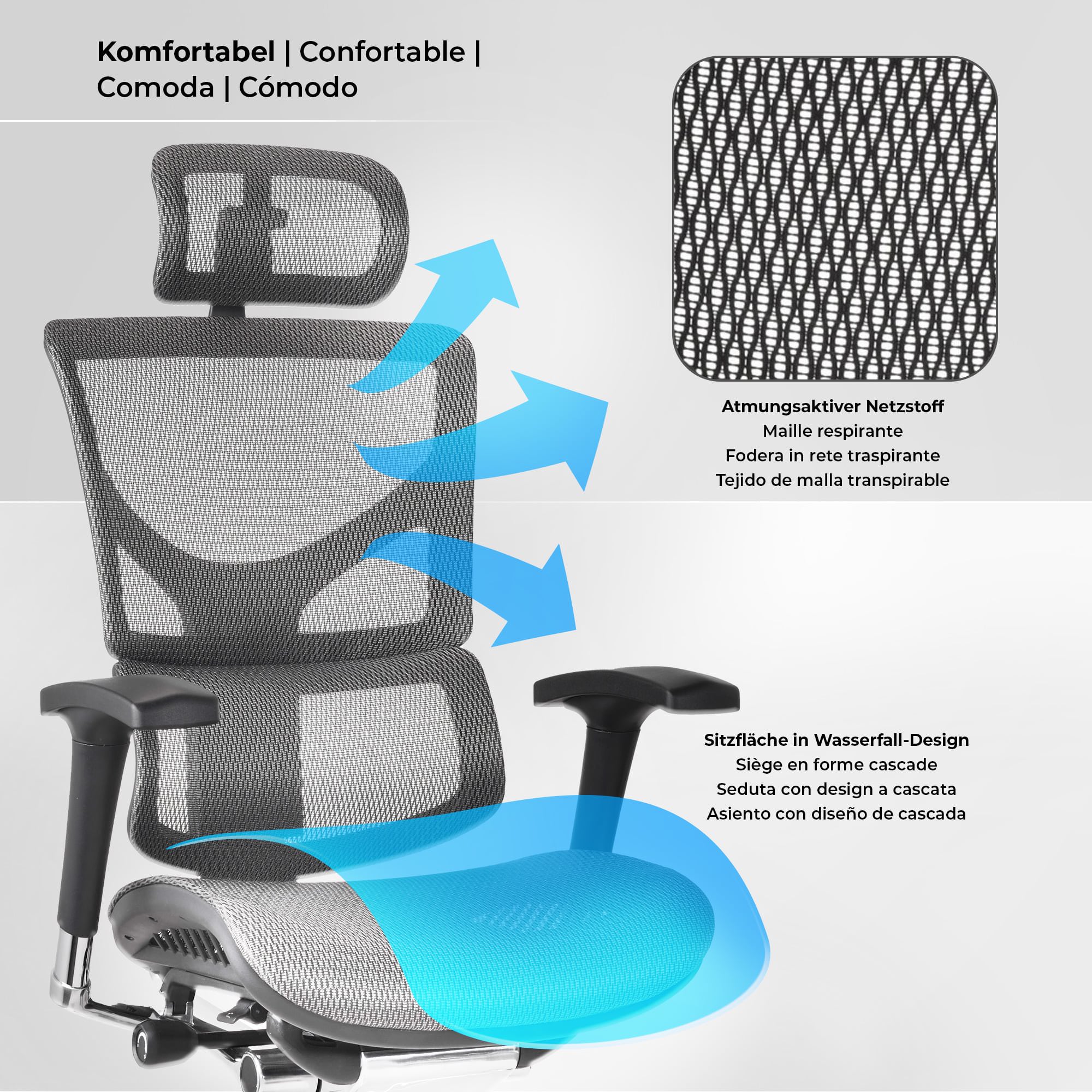 CLP Bürostuhl Spokane Ergonomic I Ergonomischer Schreibtischstuhl I Kopfstütze