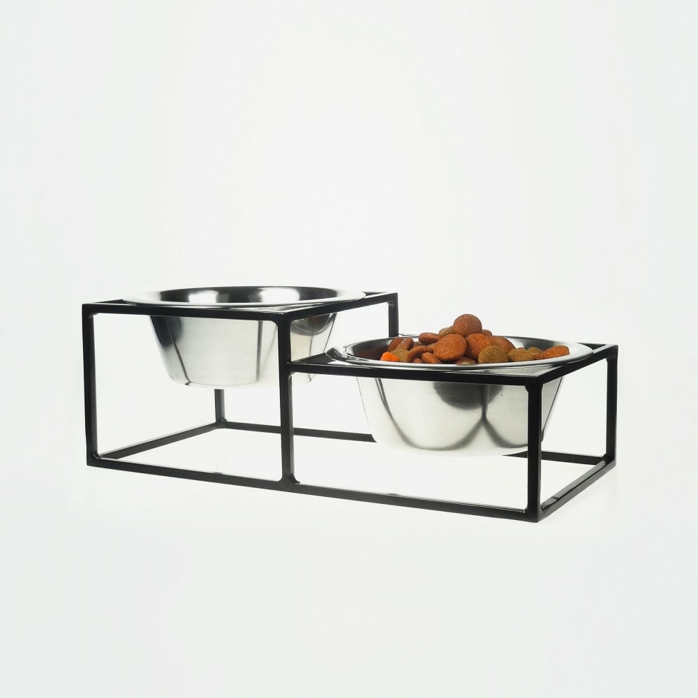 Kum - set de 2 gamelles surélevées pour chien en acier, socle filaire métal noir