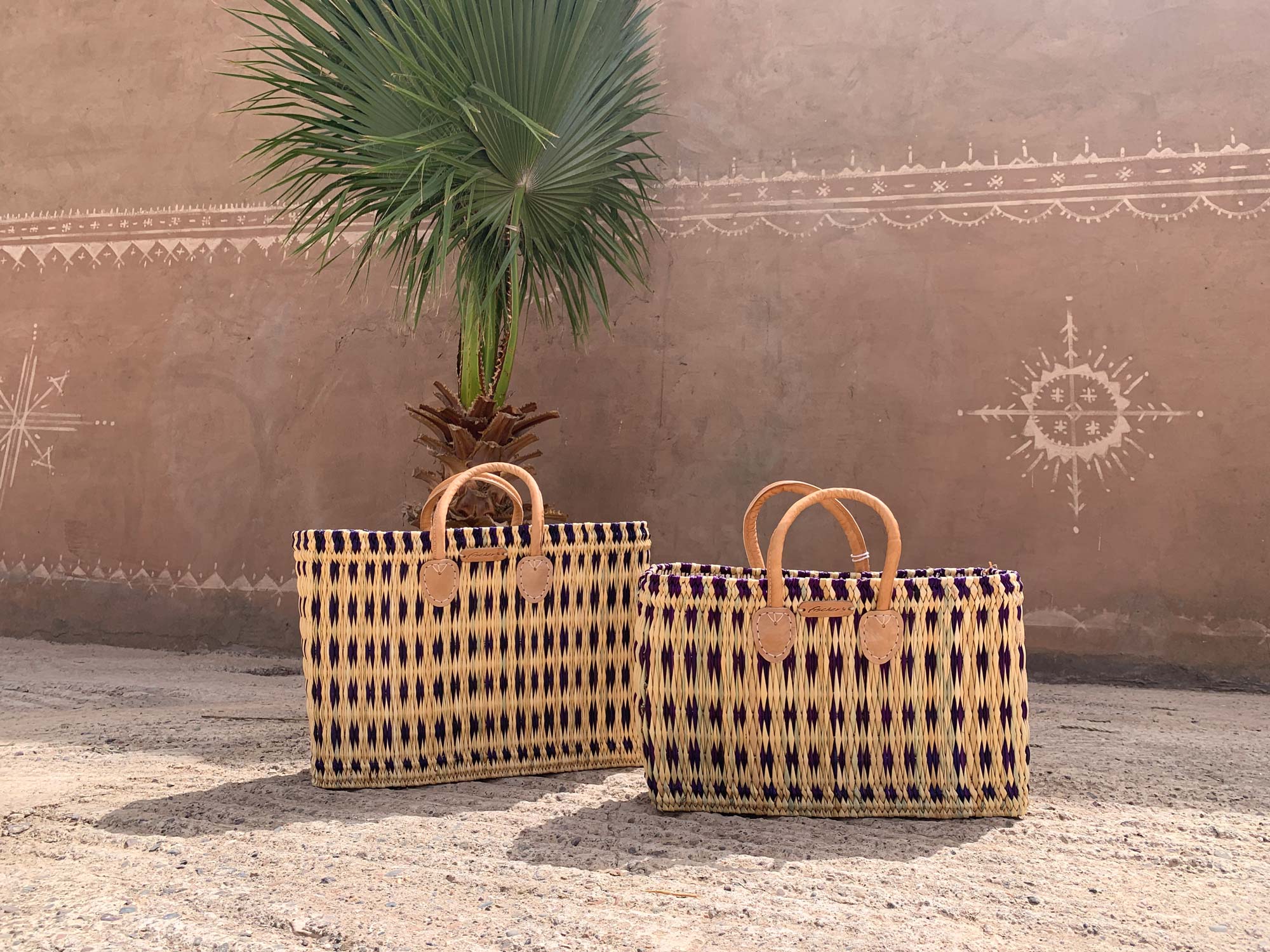 2er-Set Palmblatt-Taschen, natur, kariert günstig bestellen