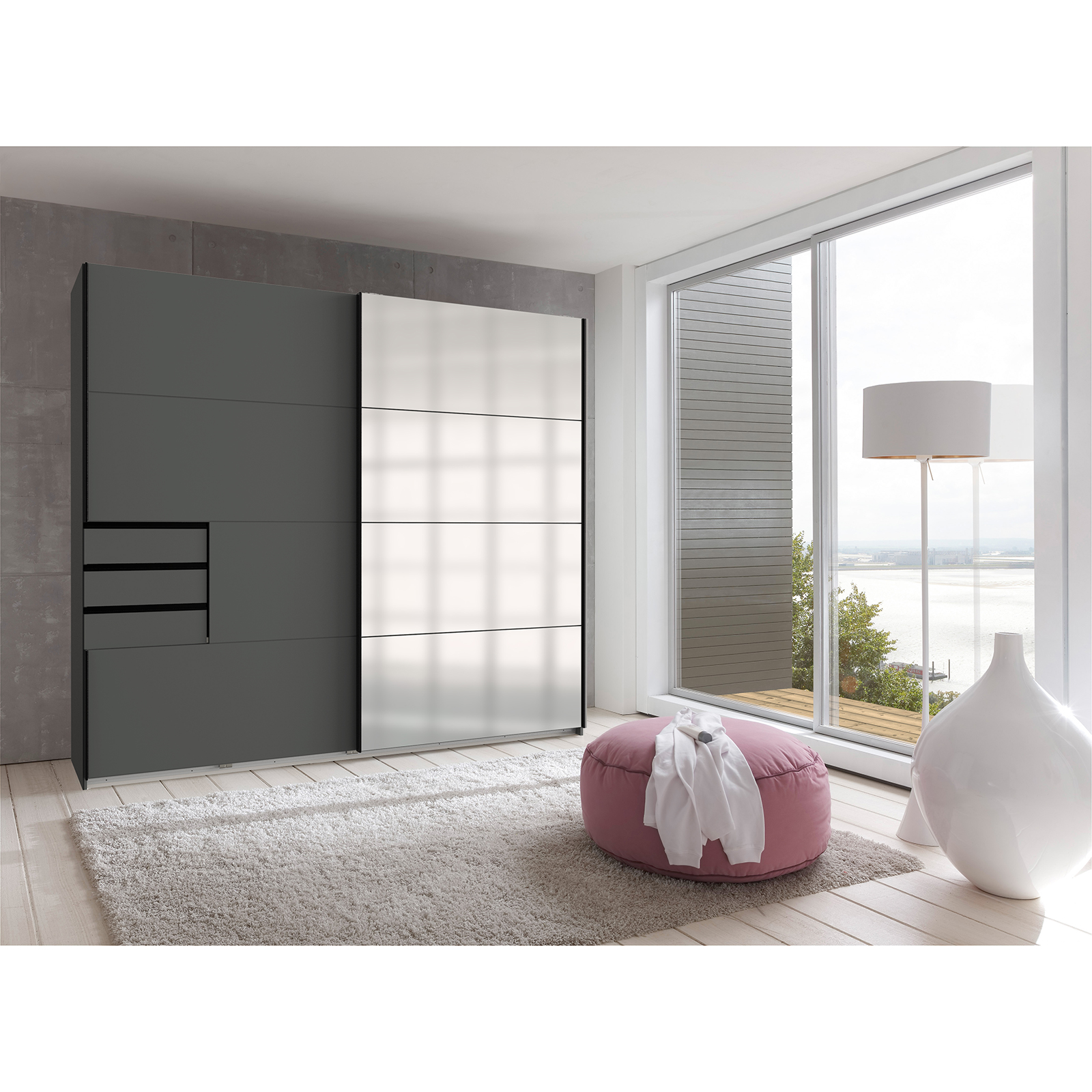 Schwebetürenschrank - graphit - mit Spiegel - 225 cm