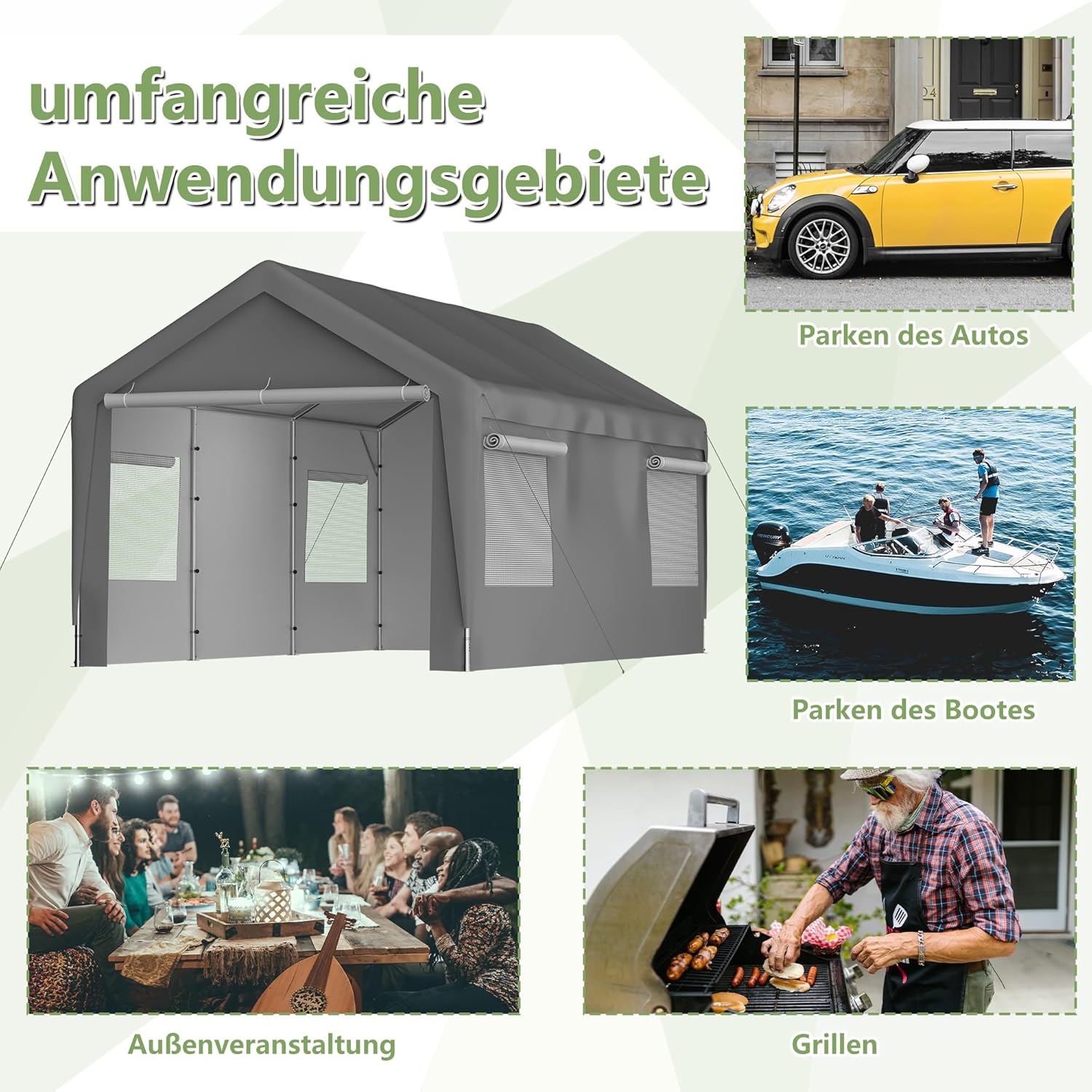 Carport Garage Zelt 3x6m, Grau – Winterfest mit Roll-Up-Fenstern, Abnehmbaren Seitenwänden & Dach – Lagerzelt, Stallzelt, Schutzabdeckung für Auto, SUV, Boot & LKW (10X20 FT Grau)