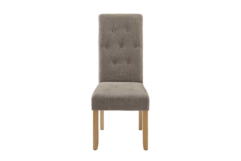 Design Stuhl CASA taupe Strukturstoff Massivholzbeine mit Zierknöpfen und Nackenrolle