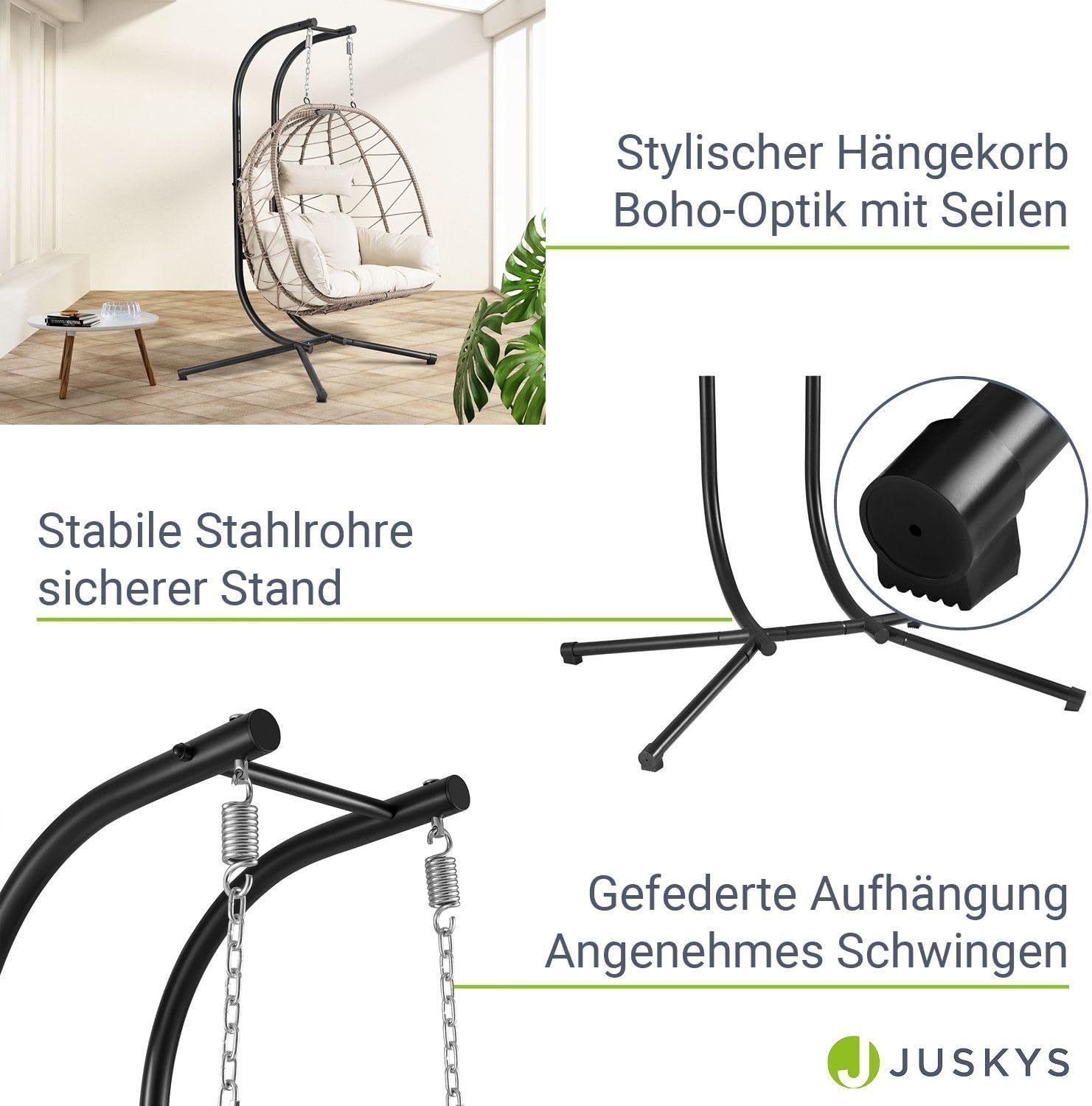 Juskys® Doppelhängesessel Aria - Polyrattan Hängesessel mit Gestell & Kissen - Schaukel für Zwei Personen - Outdoor Indoor Sessel - XXL Korb Beige