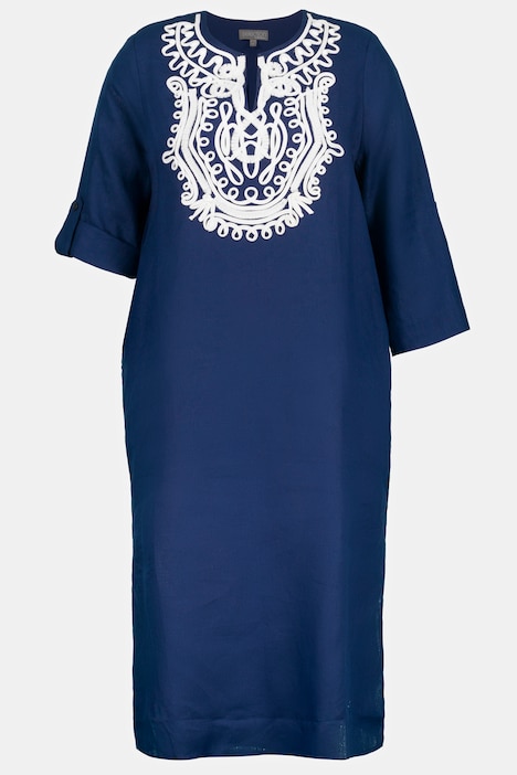 Leinenkleid, Stickerei, Tunika-Ausschnitt, 3/4-Arm