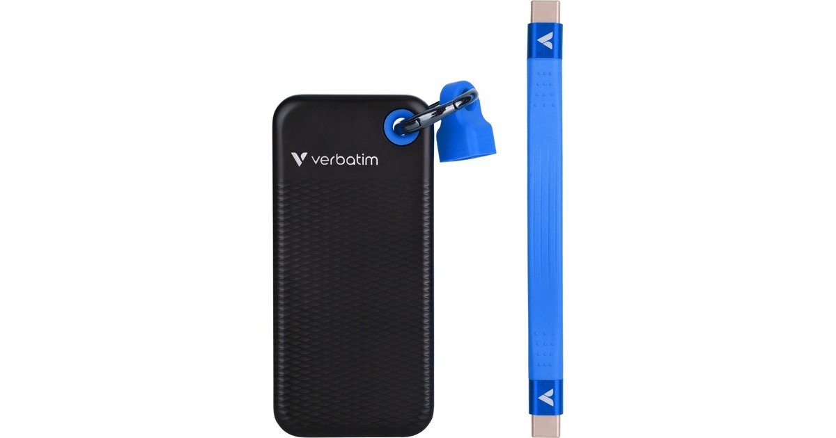 VerbatimPocket 1 TB externe SSD  (Zwart/blauw, USB-C 3.2 Gen 2 (10 Gbit/s), Incl. met sleutelhanger en kabelbevestiging)