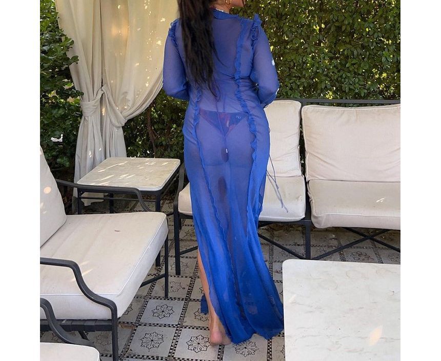Ragom - Maxi-jurk met lange mouwen, ruches en split, doorschijnend en bodycon