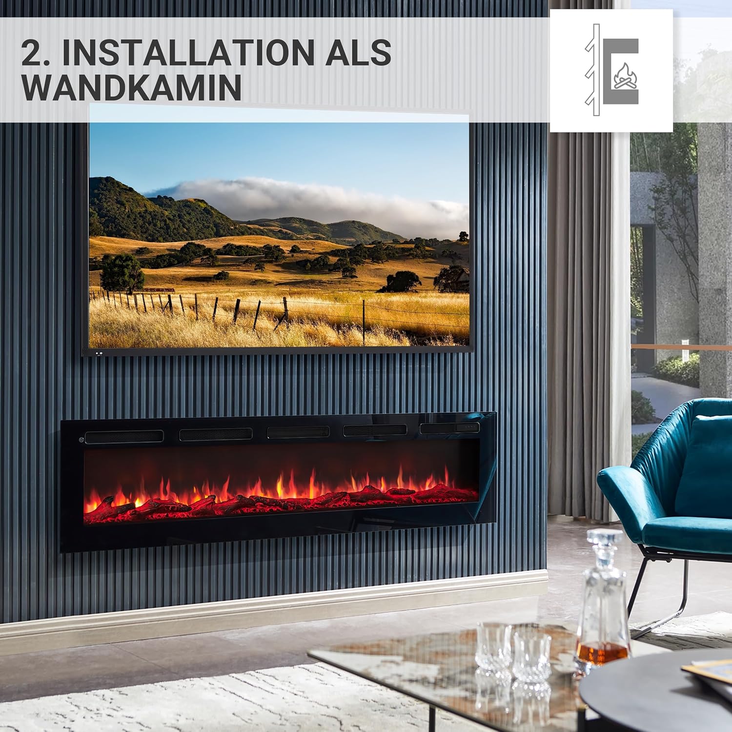 BALDERIA Elektrokamin Leif 70'' | Elektrischer Wand- oder Einbaukamin 3D-Flammeneffekt | Elektro Heizung 1800W | Kamin mit Fernbedienung, Startsteuerung, Timer & Thermostat | Schwarz