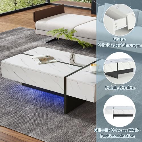 Merax Couchtisch Weiß mit LED-Lichtstreifen, Hochglanz-Oberfläche und 3 Schubladen – Moderner Sofatisch für Wohnzimmer, Teetisch, Kaffeetisch, Beistelltisch mit Marmor-Muster und App-Steuerung