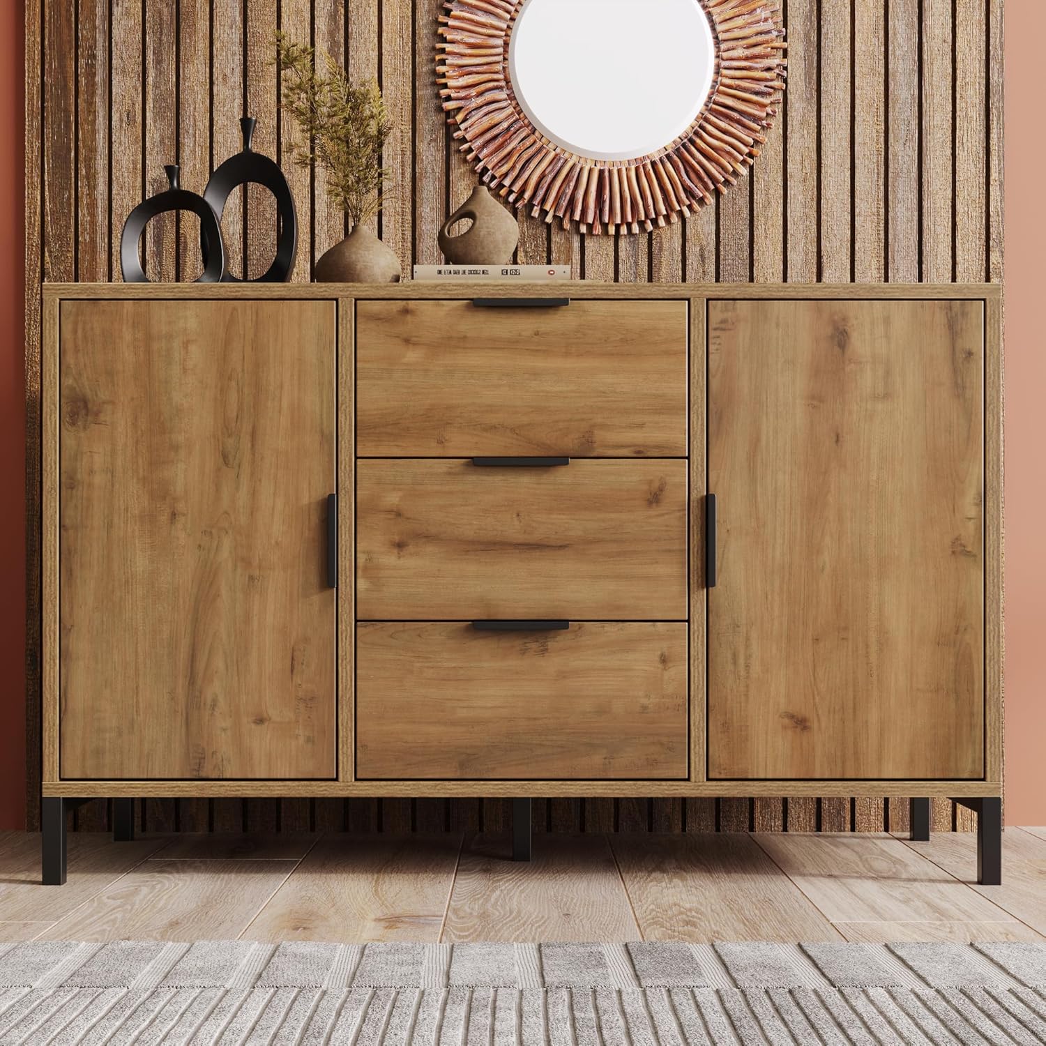 Merax Sideboard Kommode mit 2 Türen und 3 Schubladen 120 cm, Buffetschrank mit Verstellbares Ablage, Aufbewahrungsschrank in Dunkle Eiche, Metallbeinen, für Schlafzimmer, Wohnzimmer, 120x40x76 cm