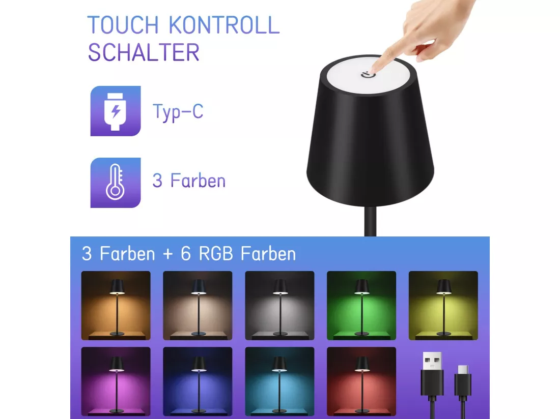 NETTLIFE Lampe de Chevet à Batterie sans Fil， Lot de 2 - LED RGB 2600mhA Lampe de Table d'extérieur Rechargeable Tactile Dimmable Noir USB
