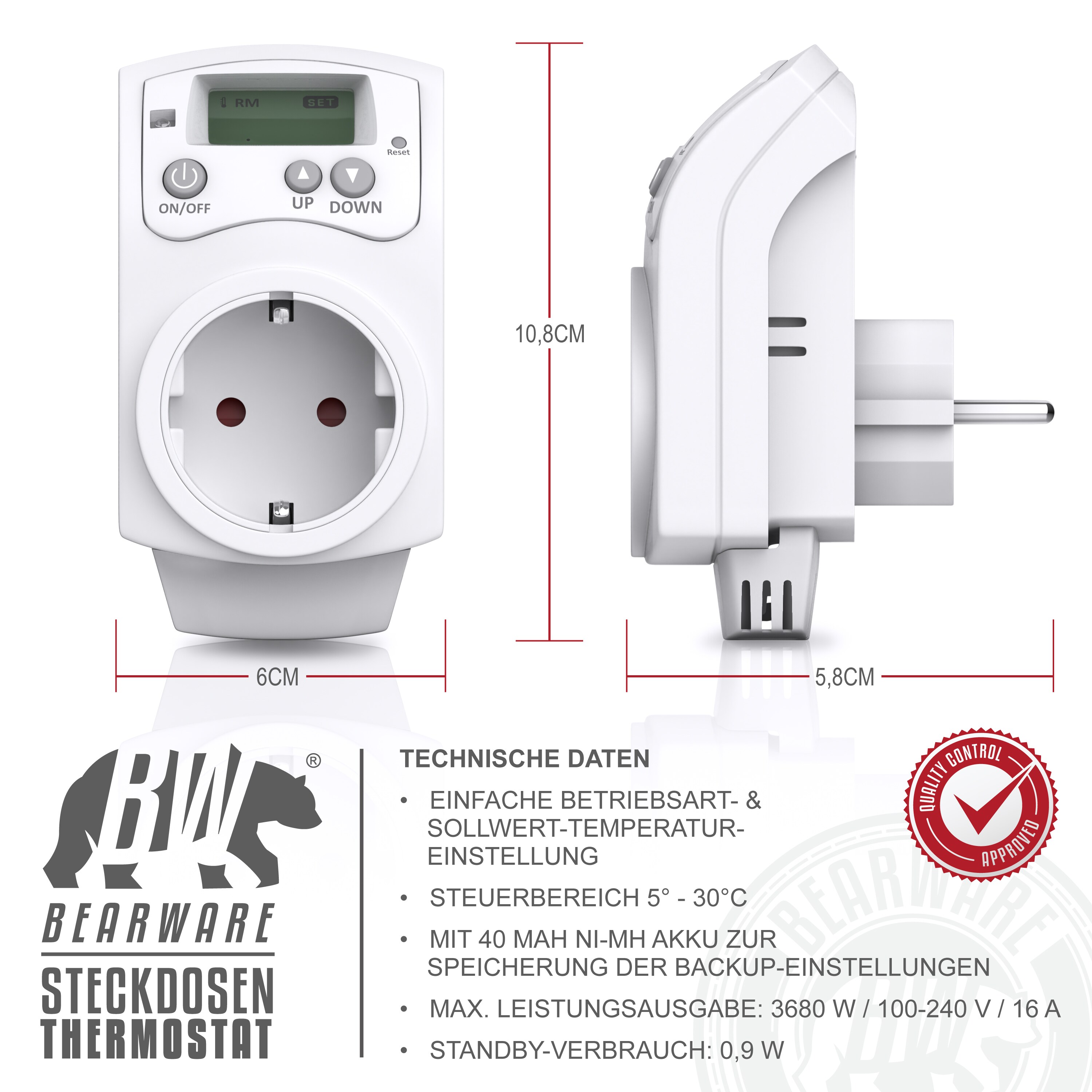 BEARWARE Steckdosen Thermostat programmierbar von 5°-30°C LCD Display mit Statusanzeige