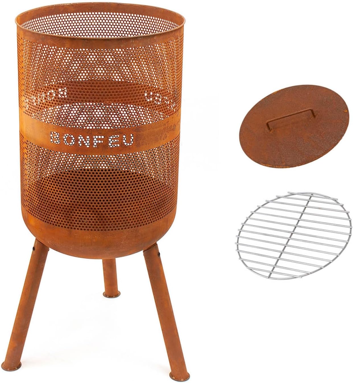 BonFeu Bonves Ø 45cm Rost - Feuerkorb für den Garten - Feuertonne & Feuerstelle - aus stabilem Stahl - Mit Grillrost & Schürhaken zum Kochen - Feuerkorb mit Grillrost