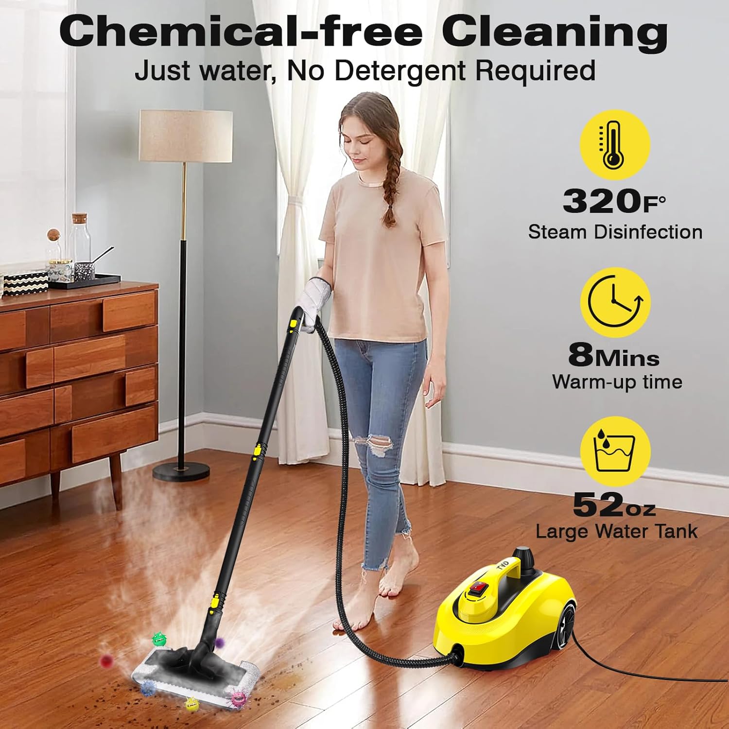 TVD Dampfreiniger, Polstermöbelreiniger, Dampfreiniger mit 5 m extra langem Netzkabel für Bodendampfer, Ofen, Teppich, Polster, Sofa, Bettwanzen