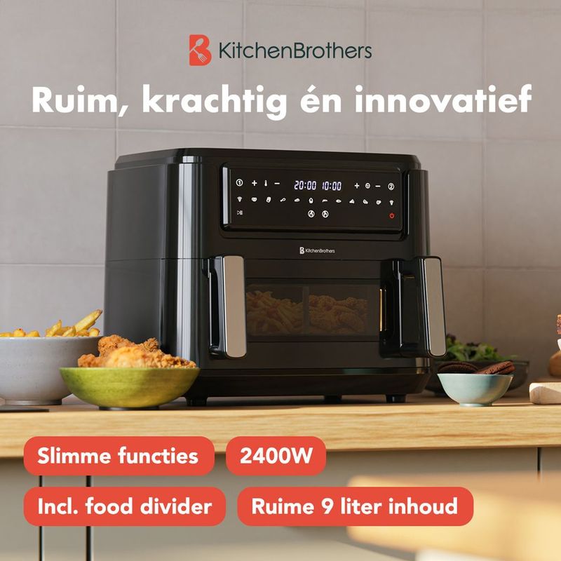 KitchenBrothers Dubbele Airfryer - Dual Zone - 9L - 2400W - Zwart