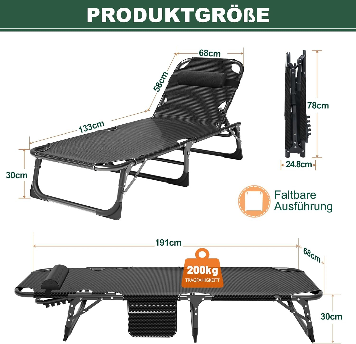 Sonnenliege Liegestuhl Klappbar, 200KG Belastbar Kippliege Gartenliege mit Matratze und Nackenkissen, Verstellbare Rückenlehne Relaxliege Campingliege Klappbett für Outdoor Balkon Garten