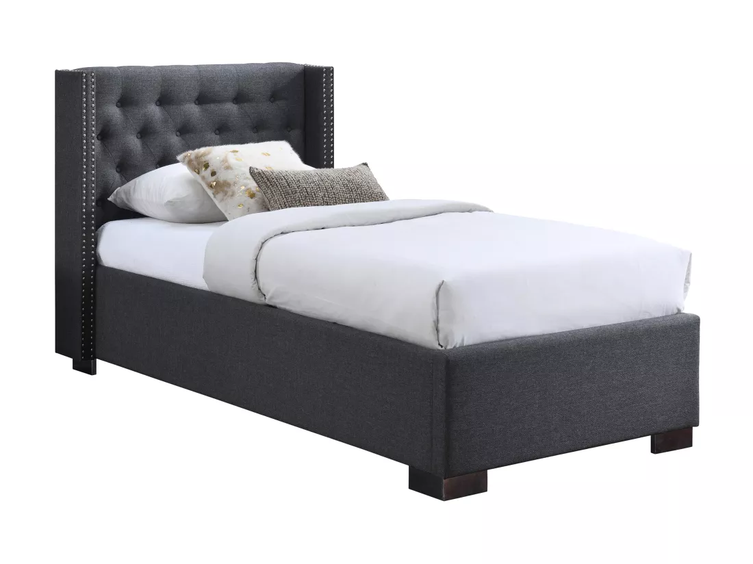 Lit coffre 90 x 200 cm avec tête de lit capitonnée - Tissu - Gris - MASSIMO