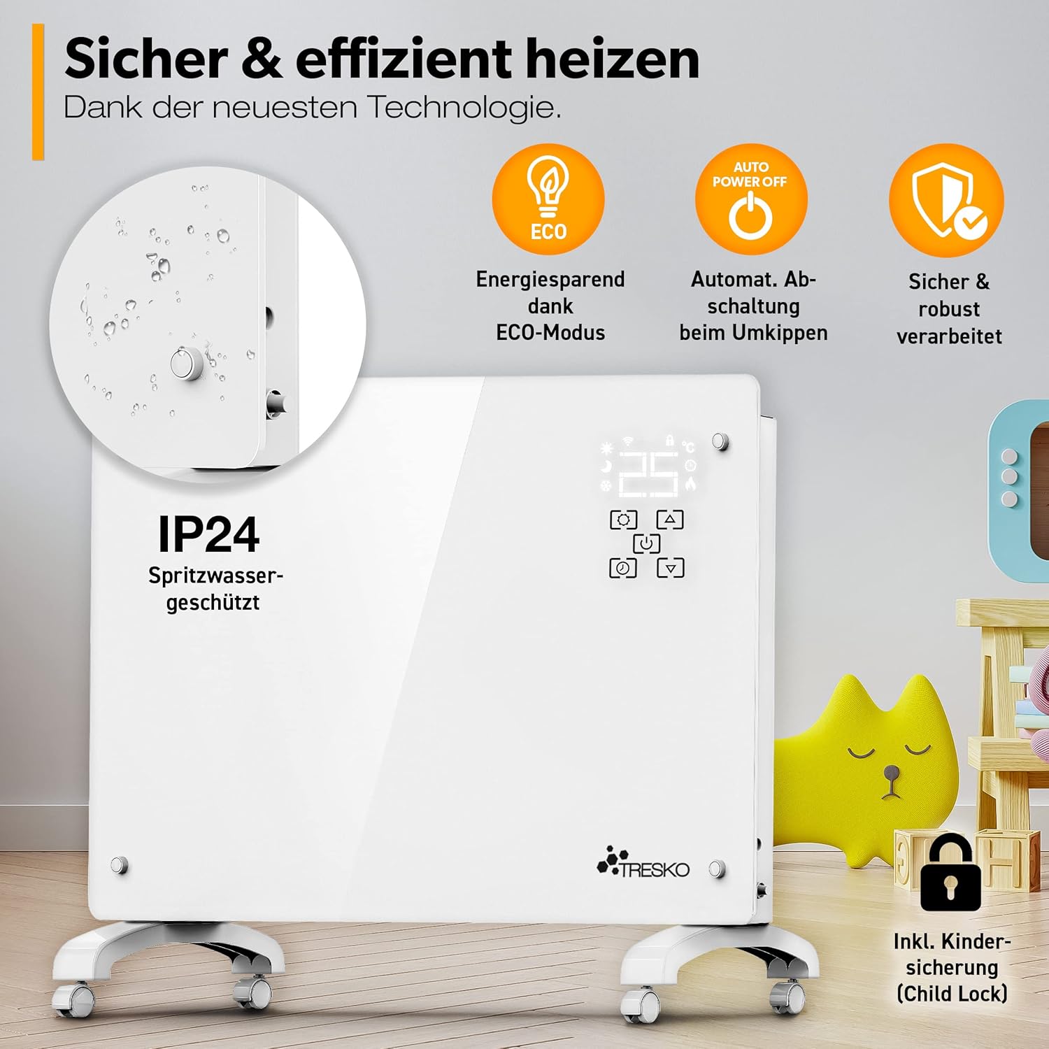 TRESKO® Glaskonvektor 2000W APP WiFi Funktion | Elektroheizung Glasheizung elektrisch | Konvektor Heizung Heizkörper LED-Display & Timer | Elektroheizkörper Stand- oder Wand Heizung