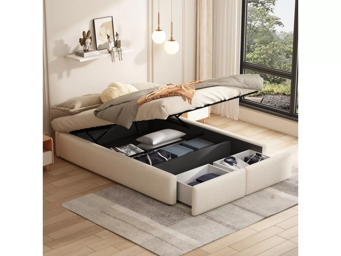 Lit coffre 160x200cm en tissu lin avec 2 tiroirs - sommier à lattes - sans tête de lit - Beige