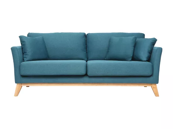 Canapé scandinave déhoussable 3 places en tissu bleu canard et bois clair OSLO