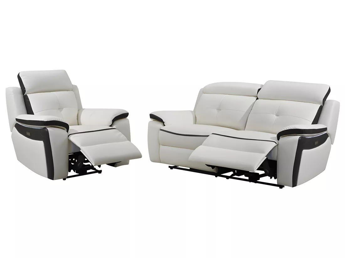 Canapé 3 places et un fauteuil relax électrique en cuir ANGELIQUE - Blanc/anthracite