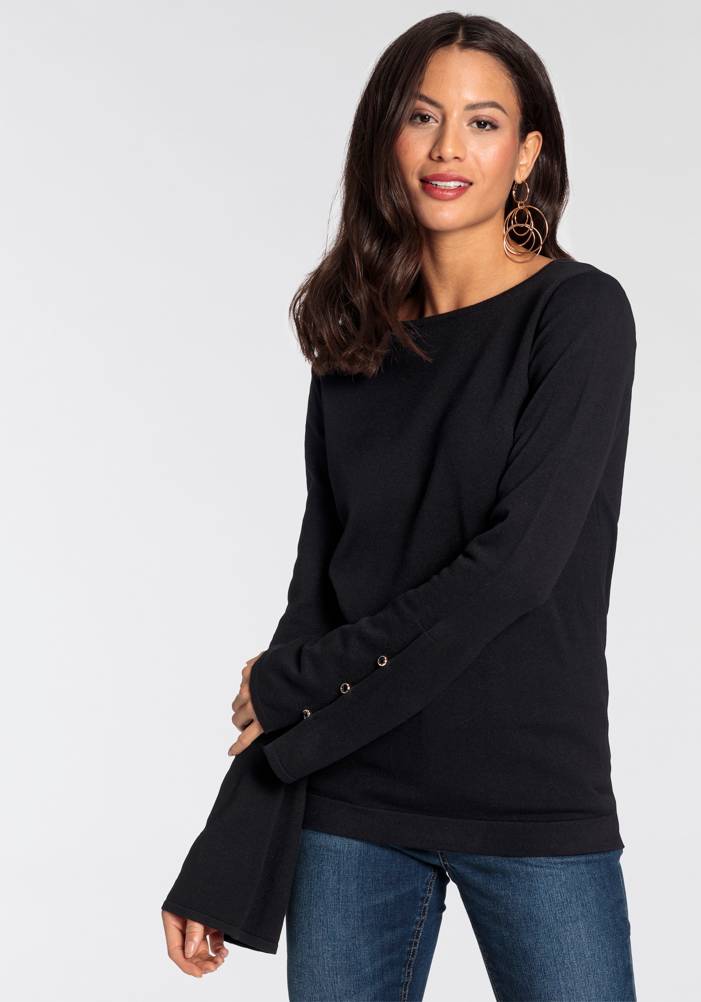 Laura Scott Rundhalspullover mit eleganten Ärmeln mit Knopfdetails