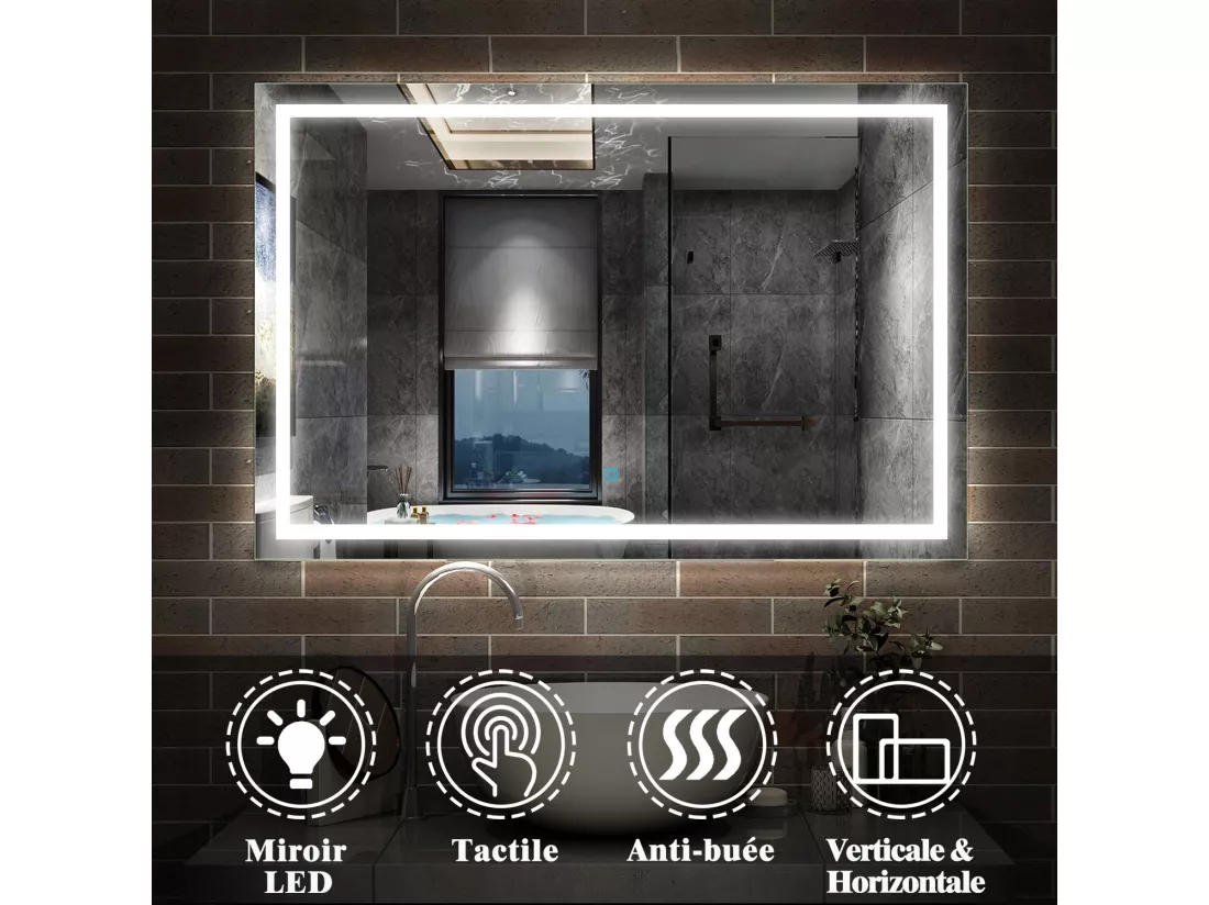 Miroir de Salle de Bain Anti-buée Miroir Lumineux LED Vertical ou Horizontal 160*80cm Aica