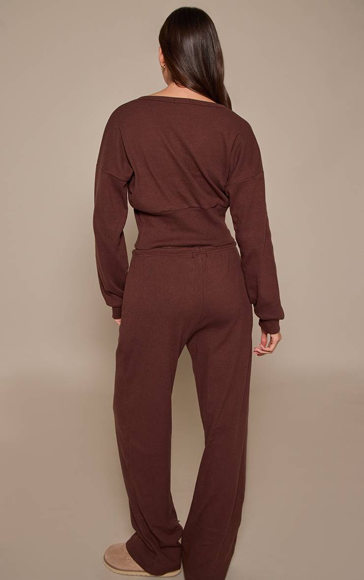 Marron Foncé Ensemble Pantalon Côtelé Souple À Taille Élastiquée