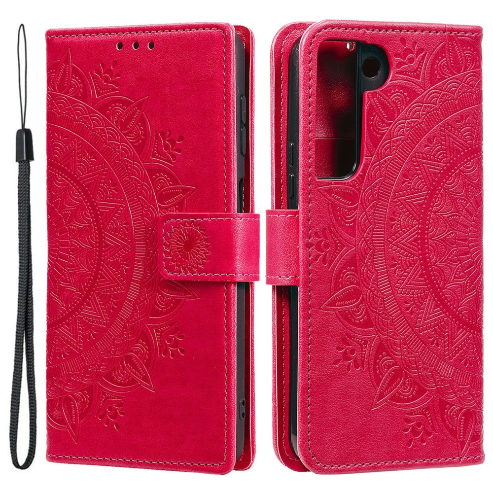 Samsung Galaxy S22 5G Leder Tasche Wallet - Mandala Flowers Imprint - Rot / Pink