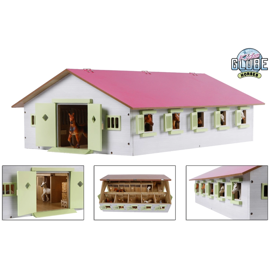 Kids Globe Farming Reiterhof Set Pferdestall 9 Boxen 4 Pferde 4 Heuballen Weiß, Rosa Weiß