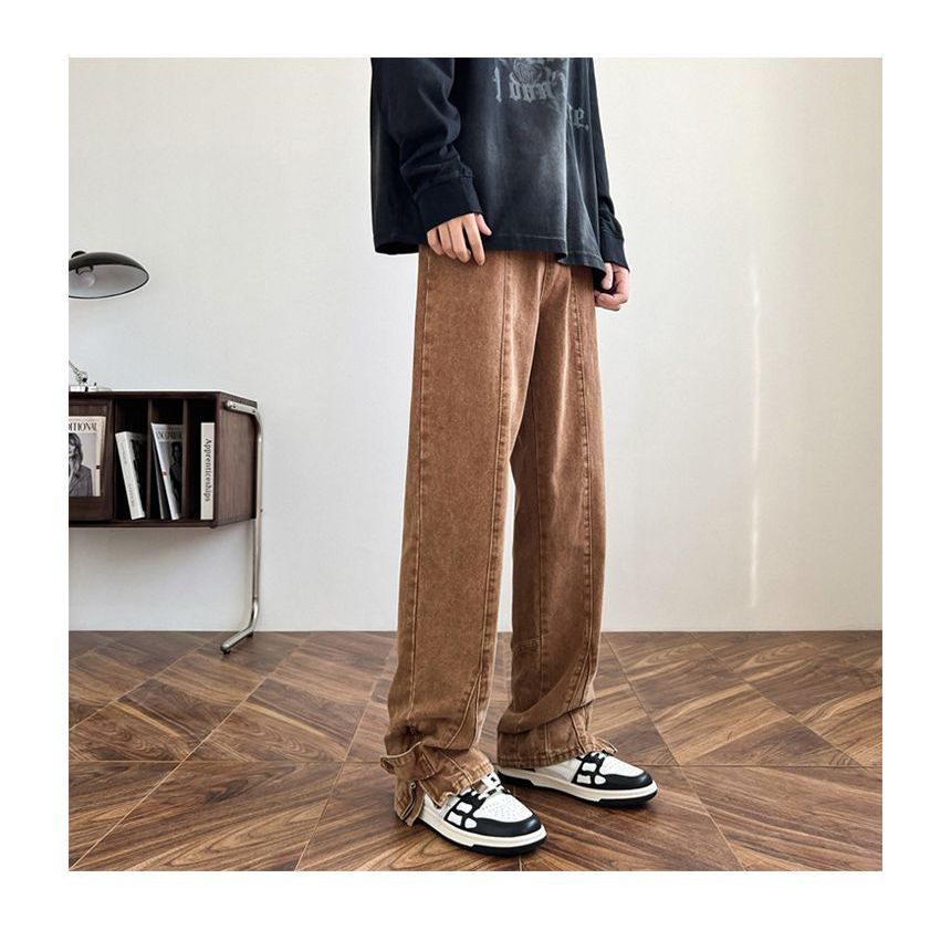 Tiaota - Mid Rise Washed Zip Slit Straight Leg Jeans