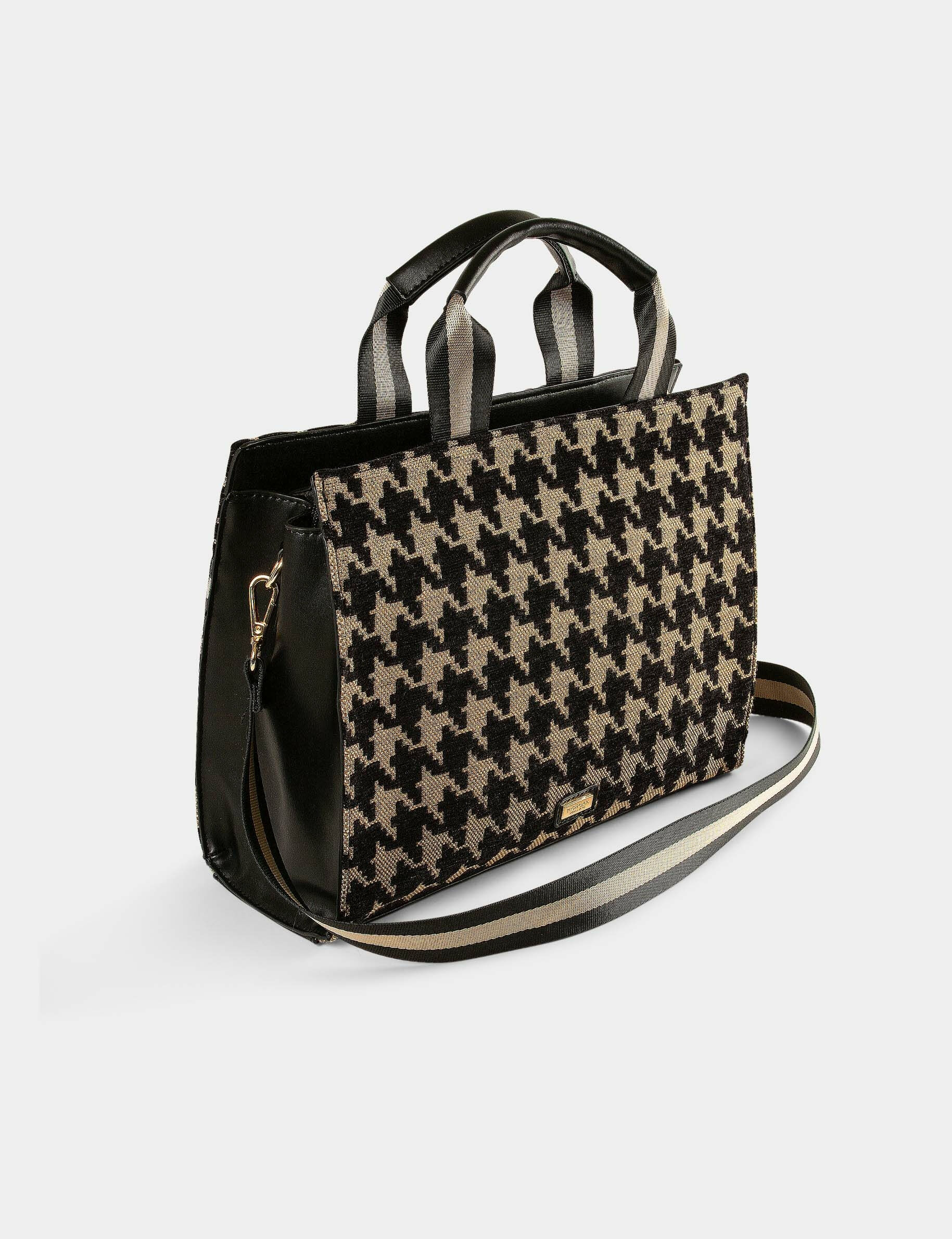 Sac cabas imprimé pied de coq marron femme - marron