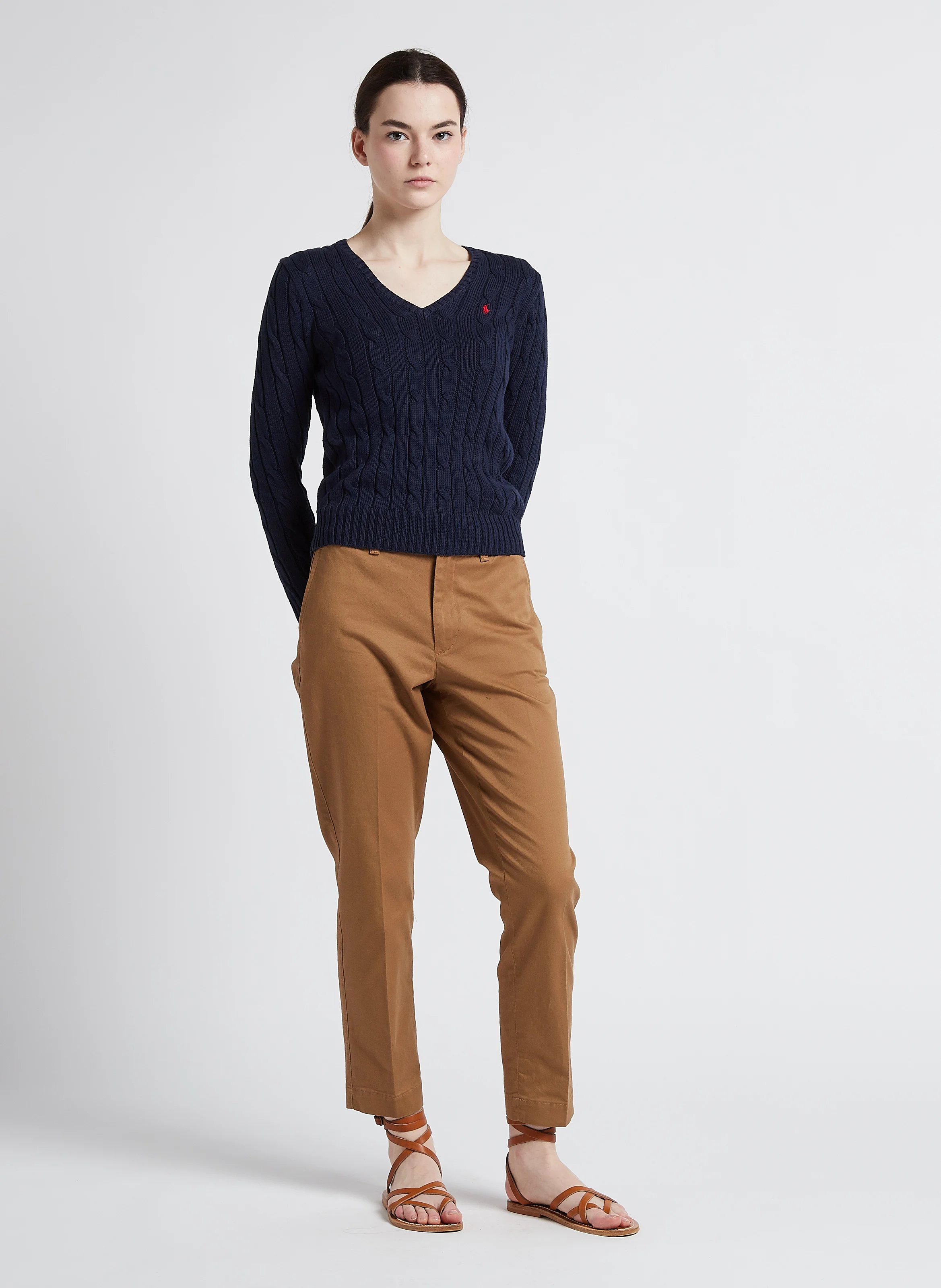 Pull col V en maille tressée en coton | Bleu