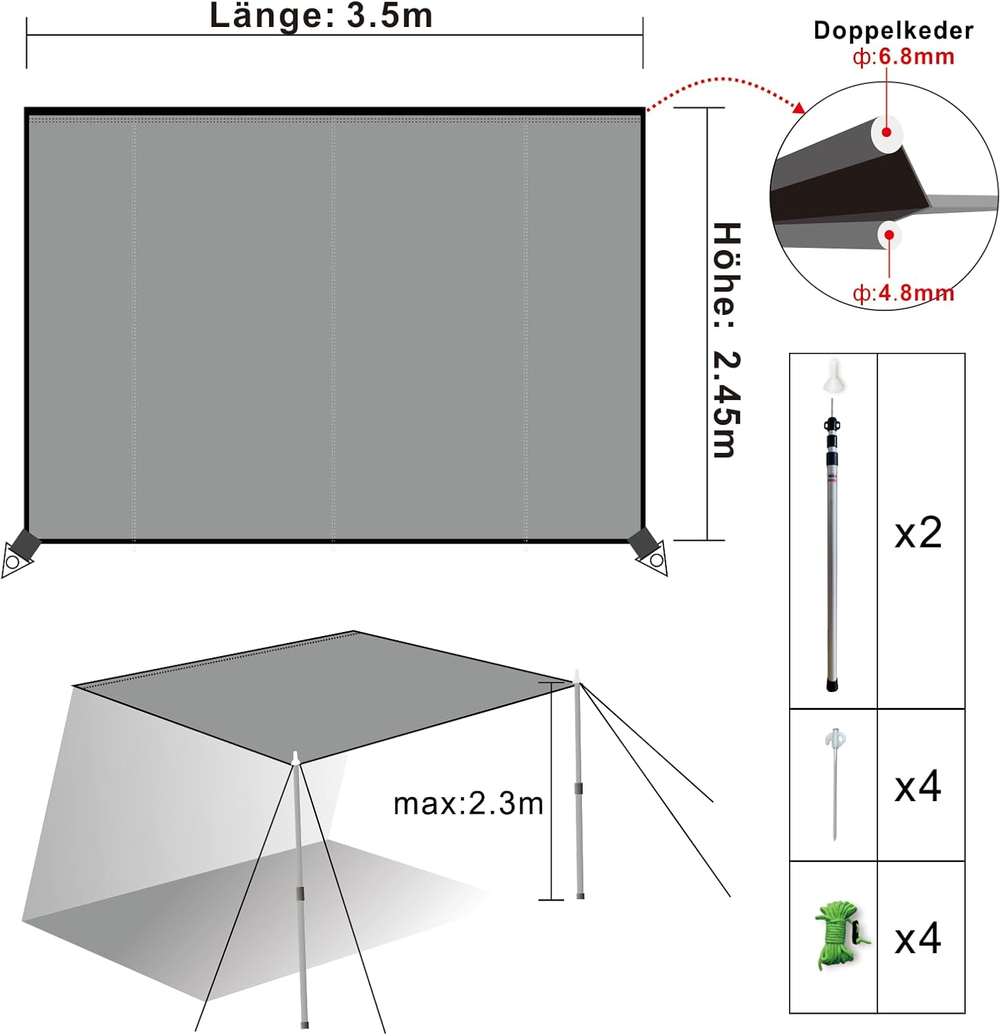 Sonnensegel Wohnwagen mit keder 2 Keder mit Ø 4.8& 6.8mm,sonnensegel keder Geeignet Wohnwagen,Wasserdicht und UV-beständig Wohnwagen sonnensege 3.5M