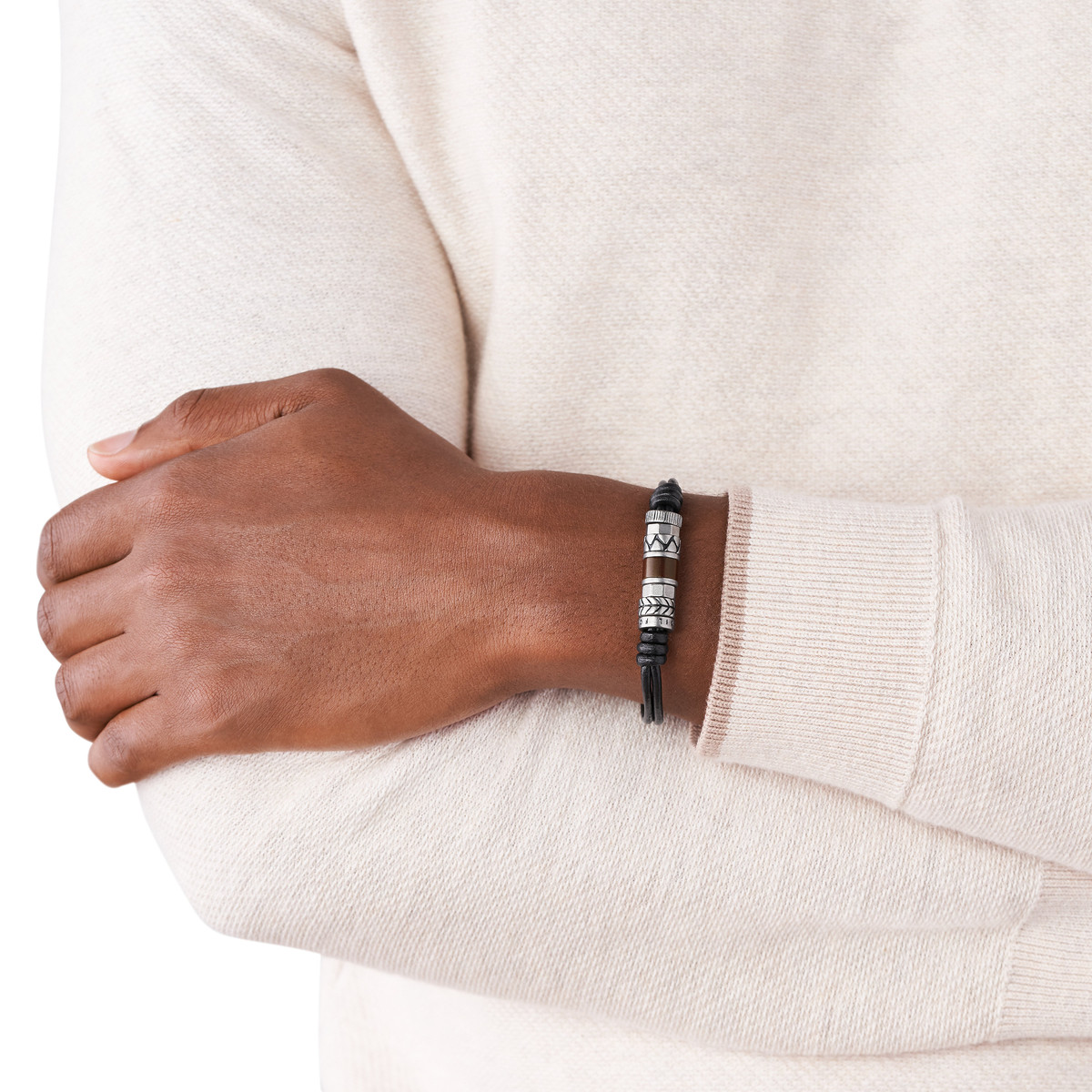 Bracelet FOSSIL acier cuir noir
