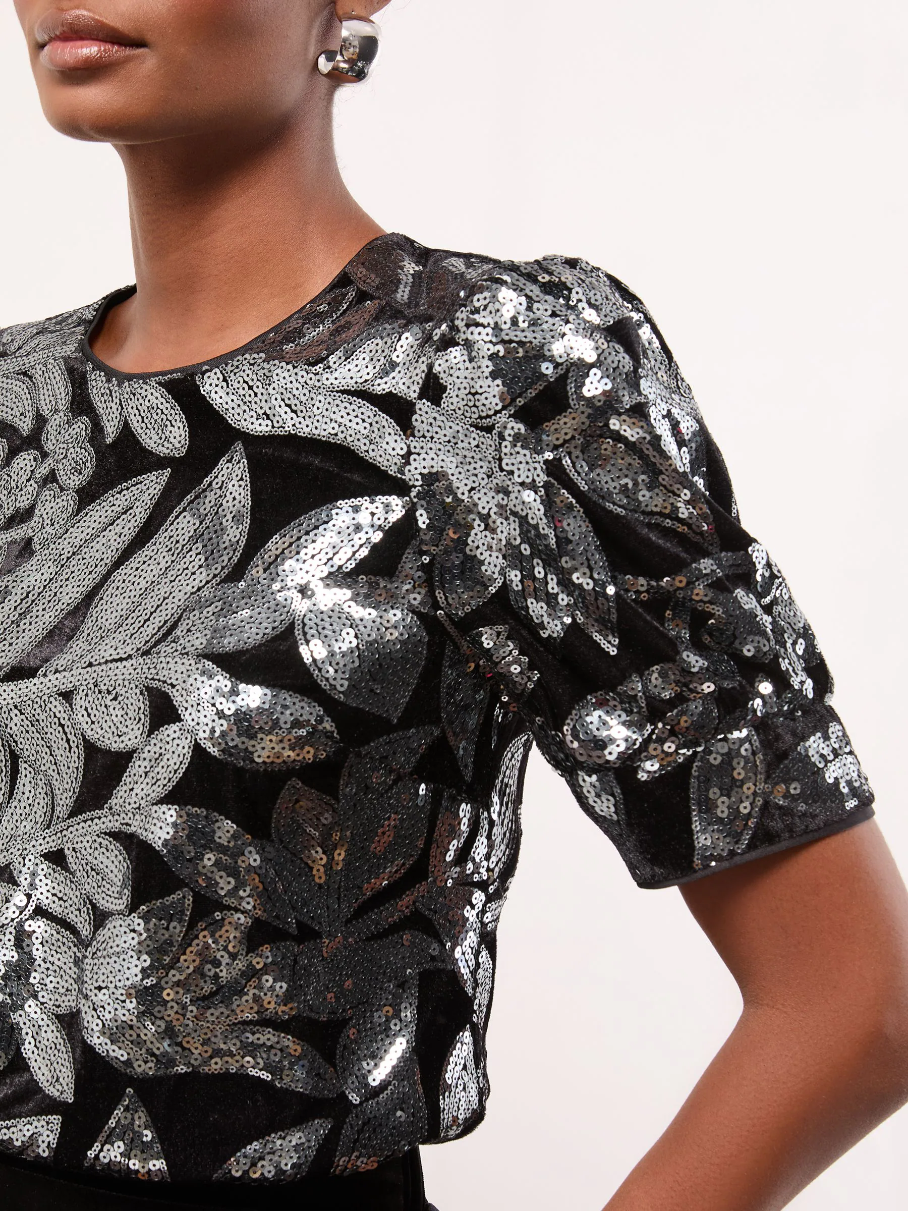 Floral Silver Sequin - Lipsy Print Puff Sleeve T-Shirt
