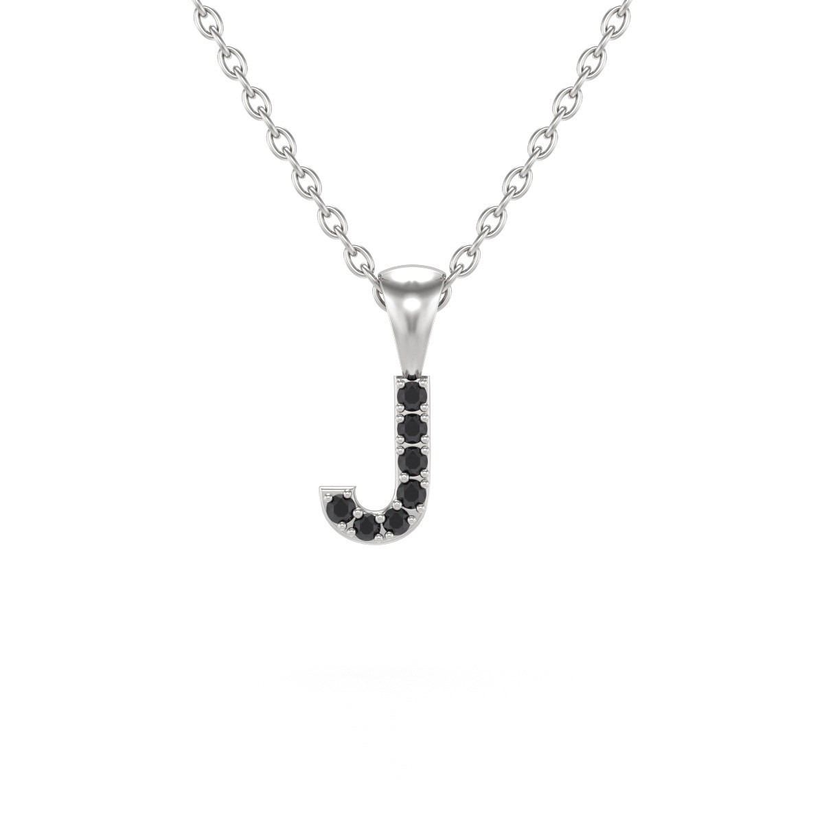 Collier Pendentif ADEN Lettre J Or 750 Blanc Diamant Noir Chaine Or 750 incluse 0.72grs