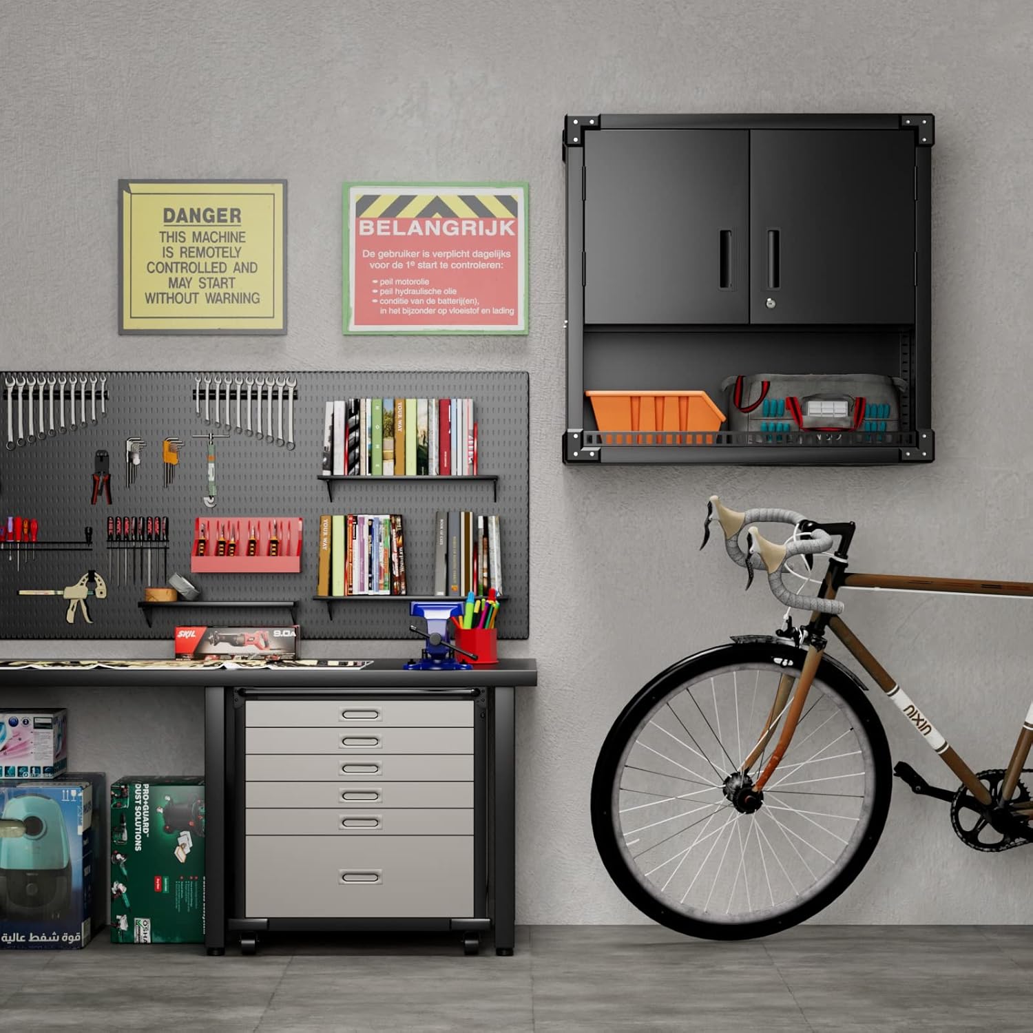Werkzeugschrank Hängend, Metall Wandschrank mit 2 Türen Und Offene Lagerung, Hängeschrank für Garage, Werkstattschrank Wand, Montage Erforderlich, Schwarz
