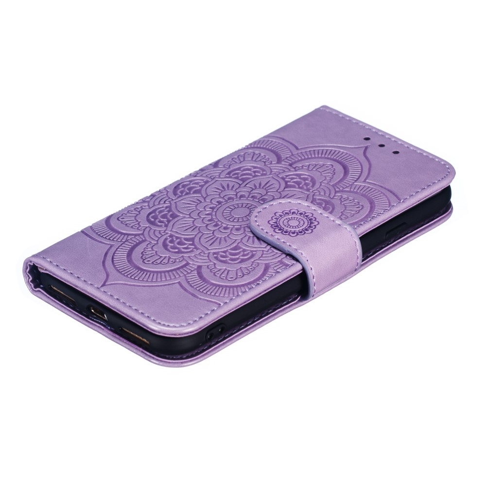 iPhone SE (2022/2020) / 8 / 7 Leder Tasche Wallet - Mandala Flowers Imprint in Lila